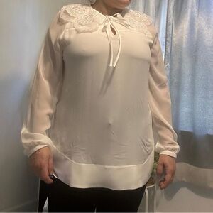 Elegant Cream Blouse with Puff Sleeves and Tie Front